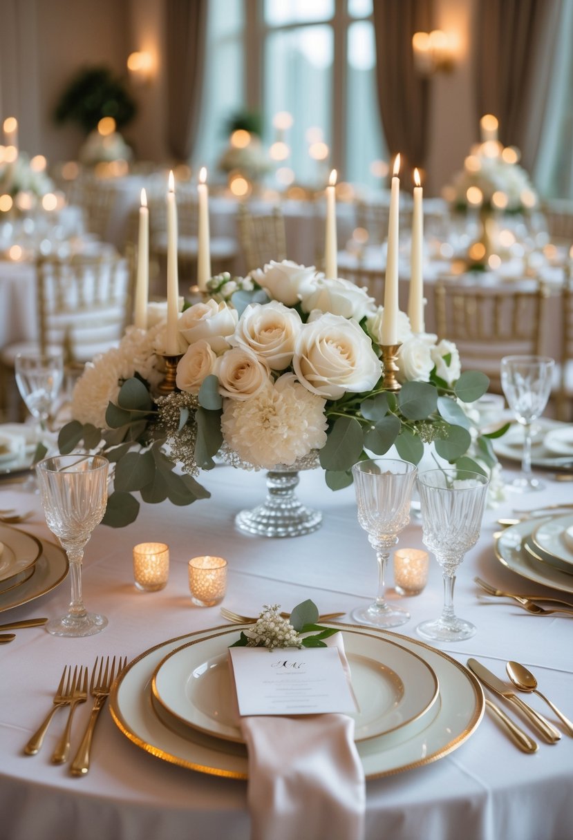 A round wedding table set with white tablecloth, floral centerpiece, candles, fine china, and glassware in an elegant ballroom.