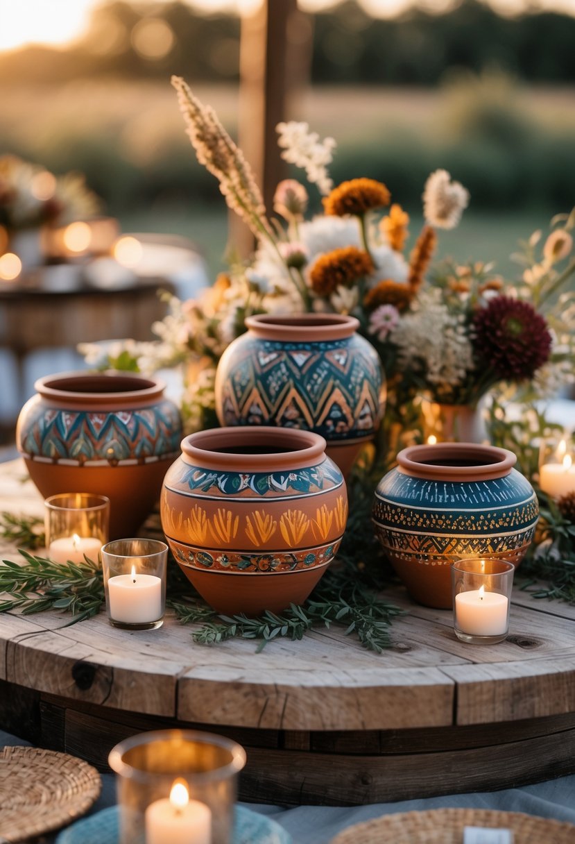 A round wooden table decorated with hand-painted terracotta pots, dried flowers, greenery, and candles at an outdoor wedding reception.