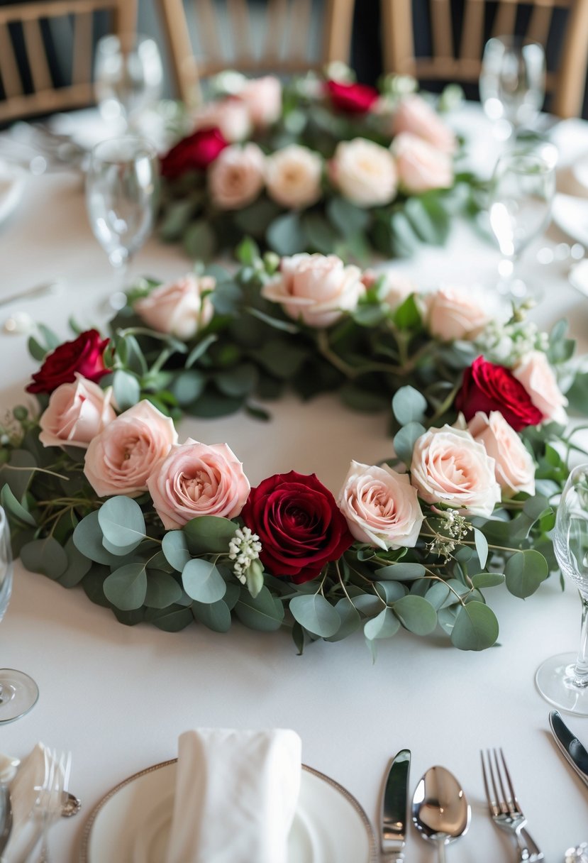 Round wedding tables decorated with floral wreath centerpieces made of roses and eucalyptus.