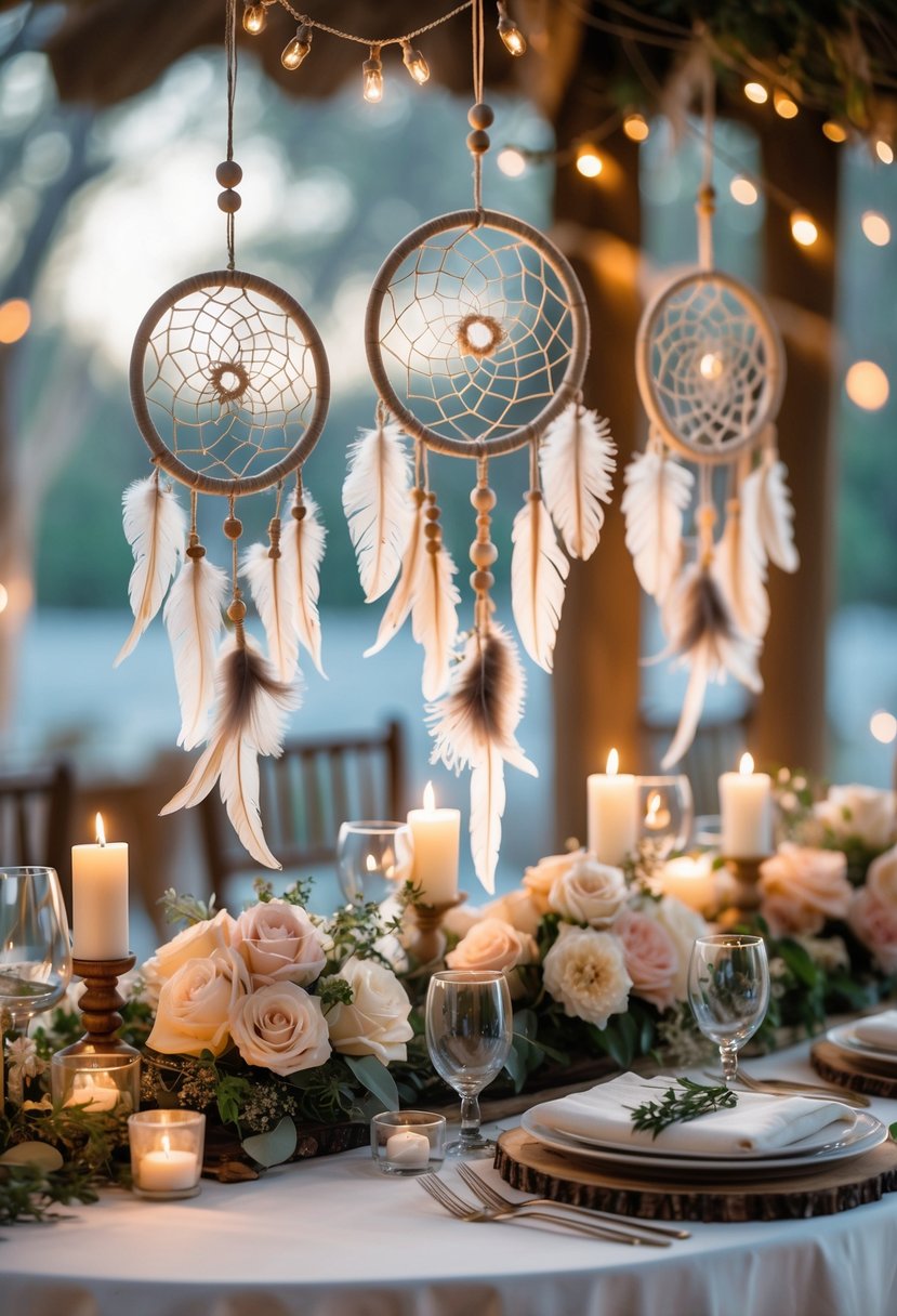 A round wedding table decorated with dreamcatchers, flowers, and candles.