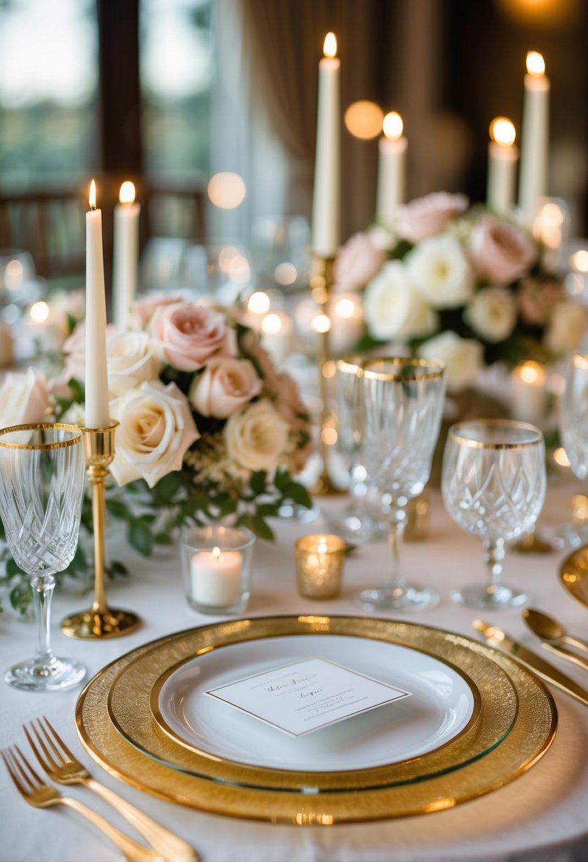 A round wedding table set with gold-rimmed glass charger plates, floral centerpieces, candles, and crystal glassware.