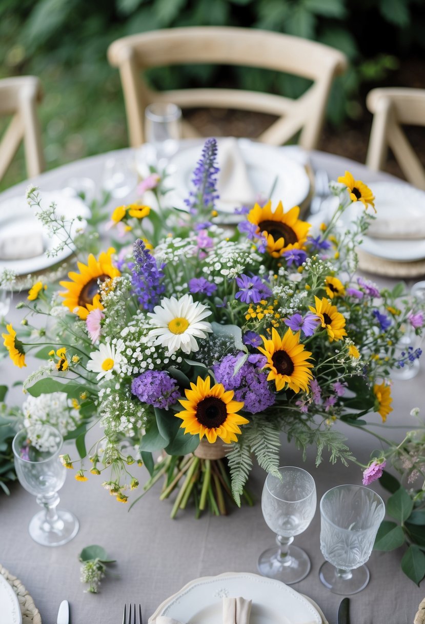 Round wedding table decorated with a colorful wildflower floral arrangement and set outdoors with chairs and tableware.