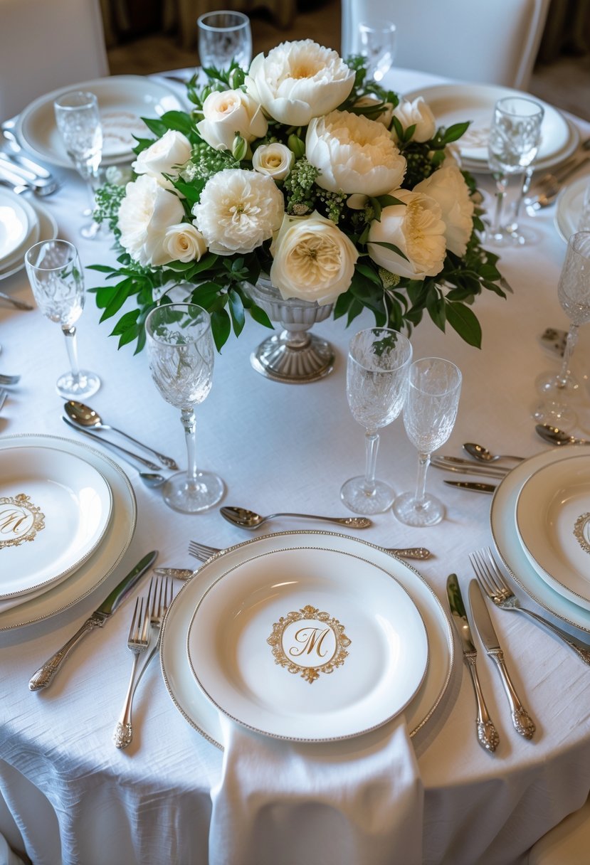 A round wedding table set with custom monogrammed napkins, fine china, crystal glasses, silver cutlery, and a floral centerpiece.