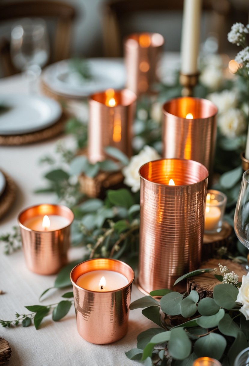 Copper votive candle holders with lit candles on a round wedding table decorated with greenery and white flowers.