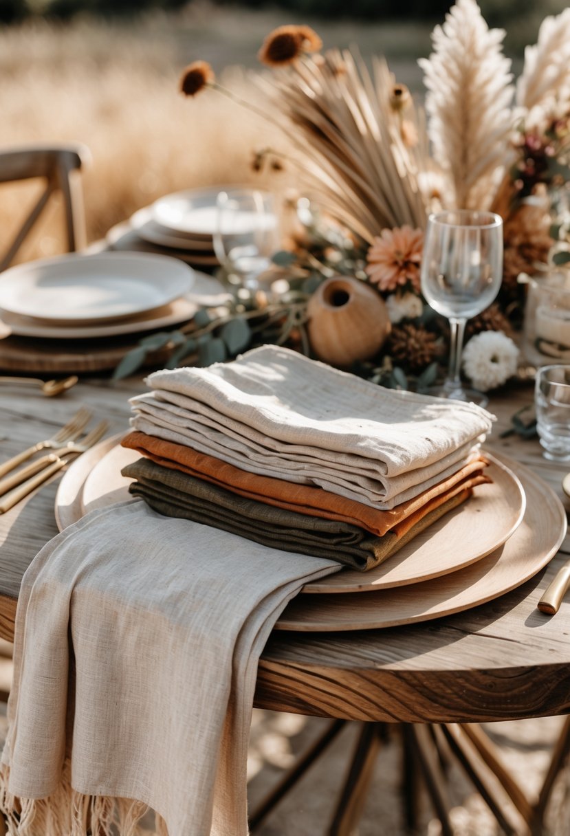 A round wedding table set outdoors with layered linen napkins in earthy tones, surrounded by natural decorative elements and tableware.