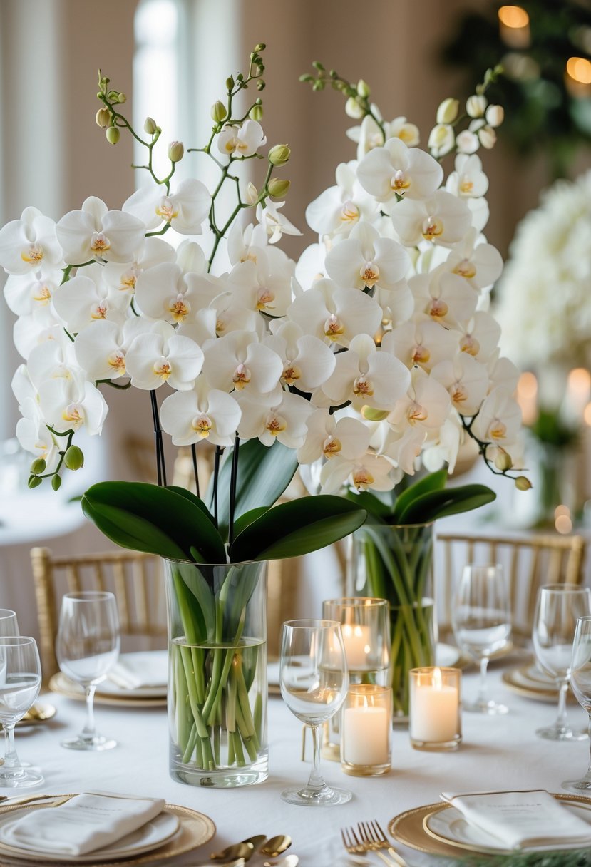 A round wedding table decorated with tall vases holding fresh white and pale pink orchids and green leaves.