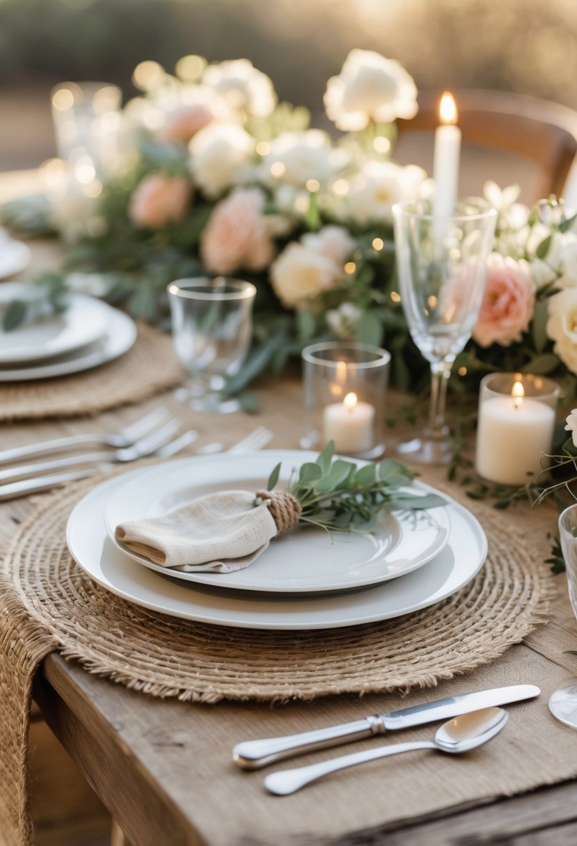 A wedding table set with round natural jute mats, white plates, glassware, flowers, and candles.
