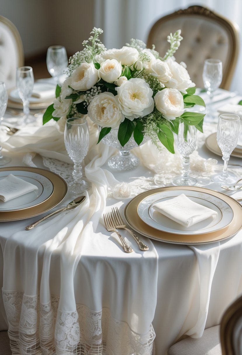 A round wedding table decorated with white chiffon and lace overlays, featuring a floral centerpiece, glassware, and elegant table settings.
