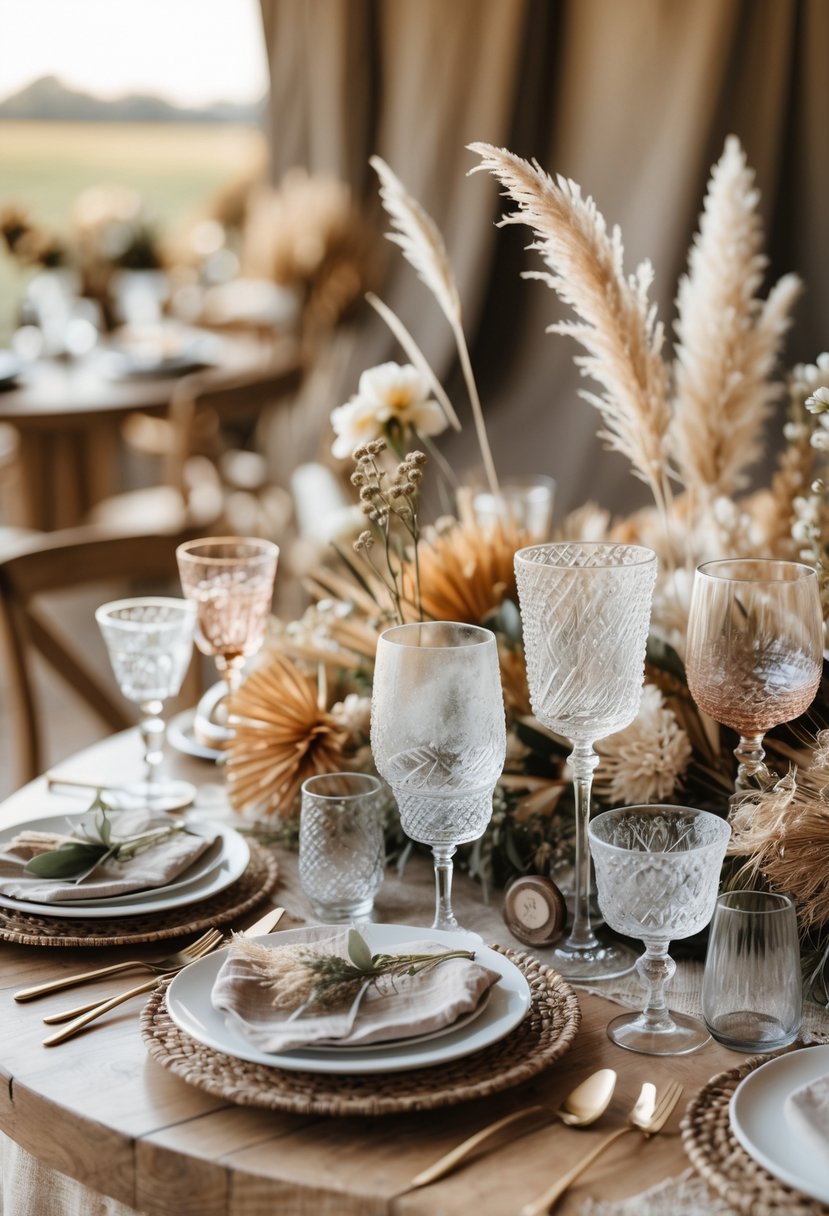 A wedding table set with various glassware and natural floral decorations on a round wooden table.