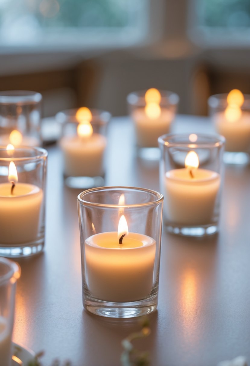 Lit candles in clear glass holders arranged on a wedding table with a soft, warm glow.