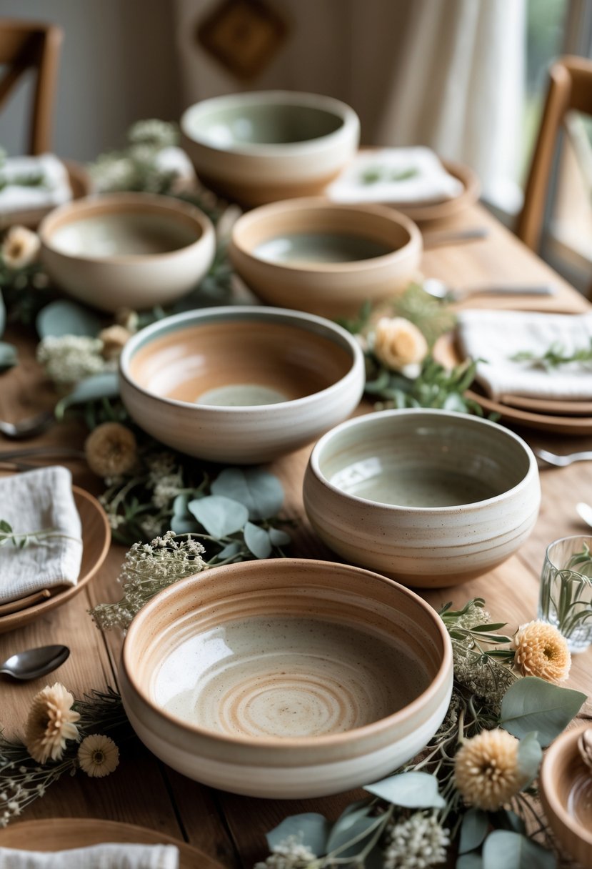 A wooden wedding table decorated with handcrafted ceramic bowls, greenery, dried flowers, and linen napkins.