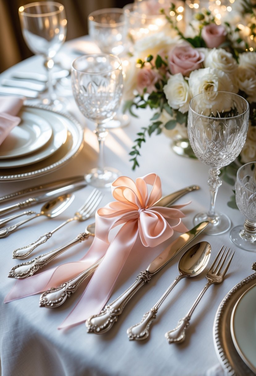 A round wedding table set with vintage silver cutlery tied with silk ribbons, white tablecloth, glassware, and floral accents.