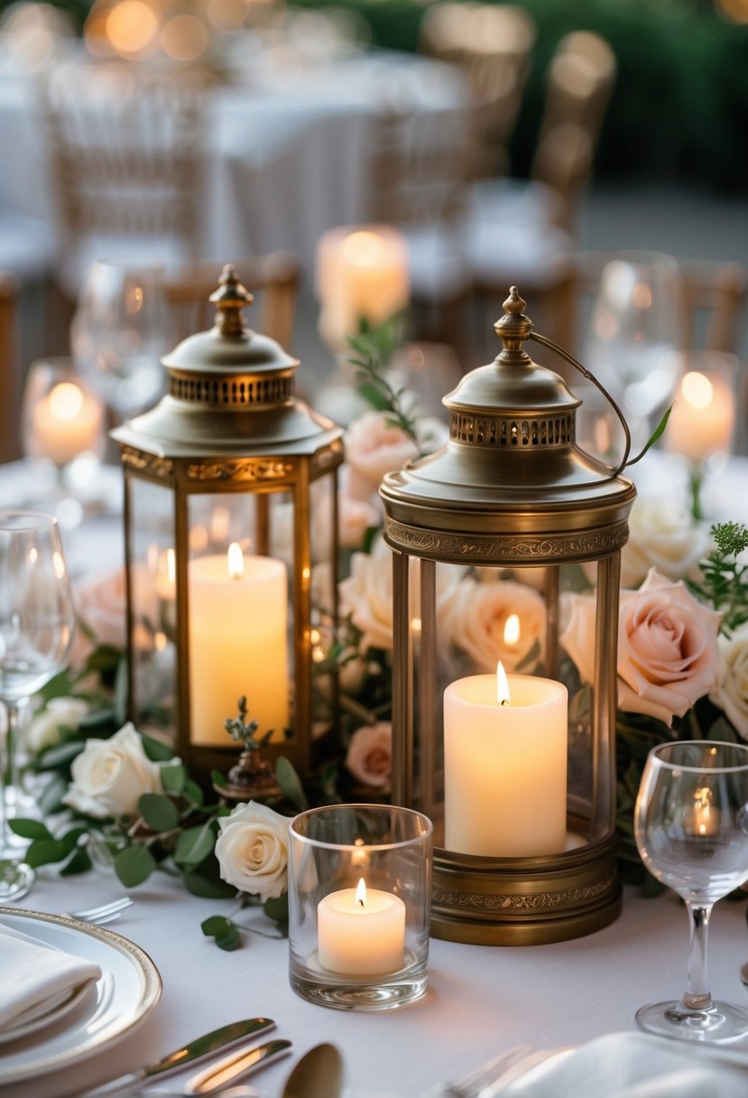 A round wedding table decorated with antique brass lanterns holding glowing LED candles, surrounded by flowers and table settings.
