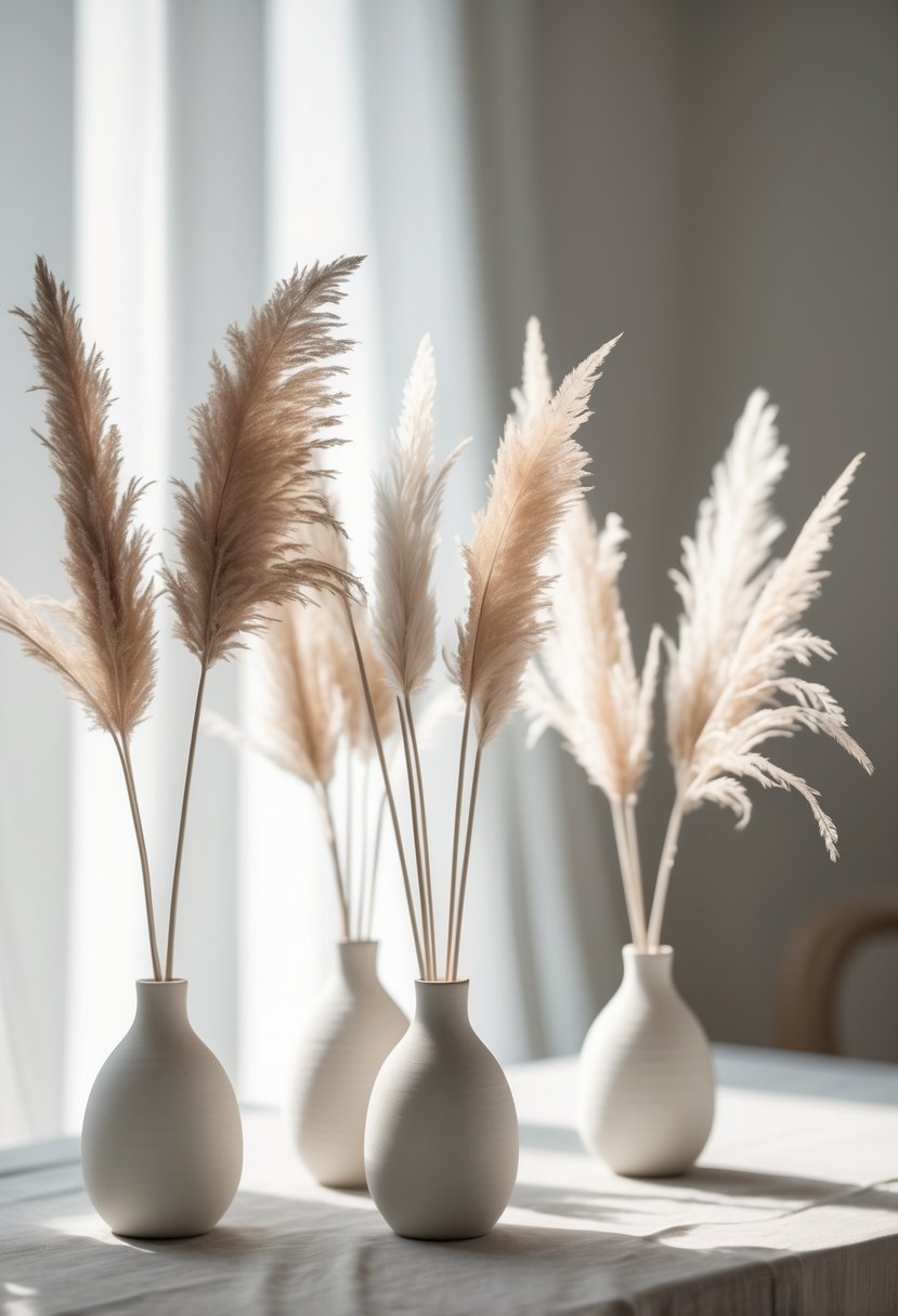 Small white ceramic vases holding dried pampas grass arranged on a table.