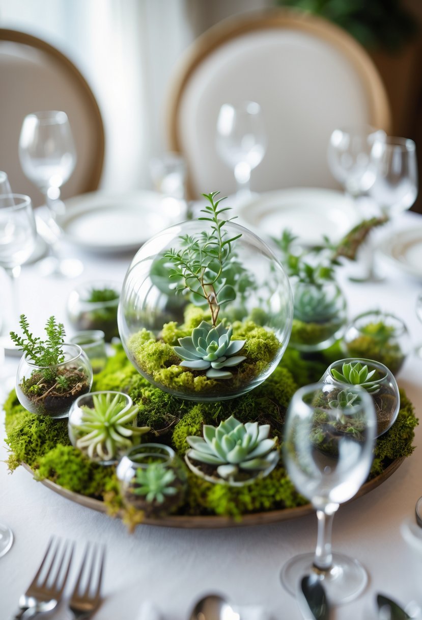 A round wedding table decorated with miniature succulent and moss terrariums surrounded by plates, glassware, and silverware.