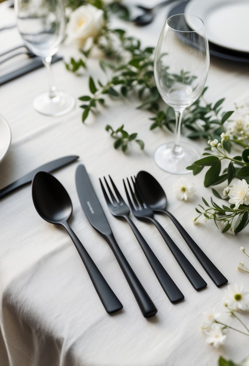 A minimalist black cutlery set arranged on a wedding table with simple floral decorations and glassware.