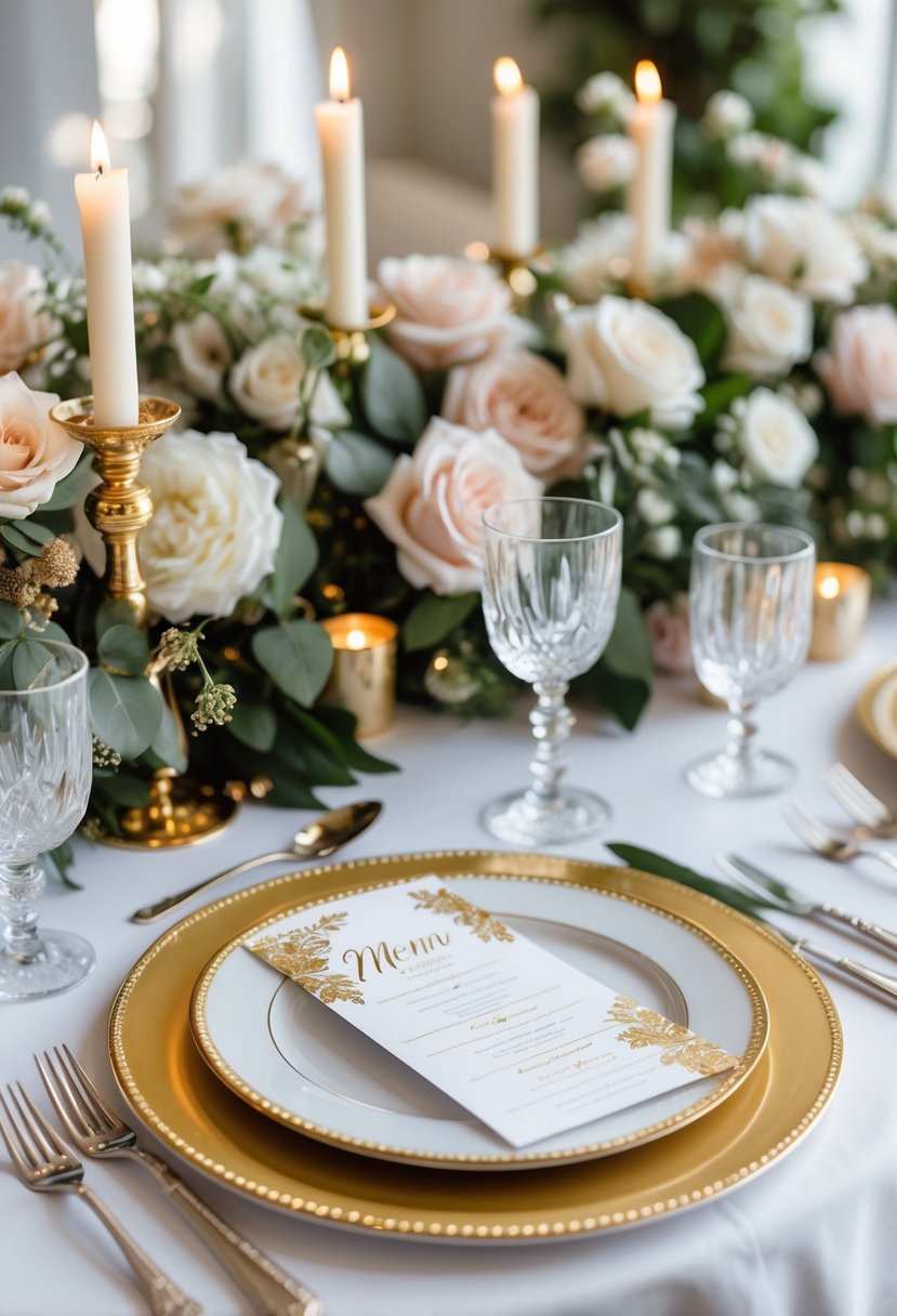A round wedding table decorated with gold leaf menus, floral centerpiece, candles, and elegant tableware.