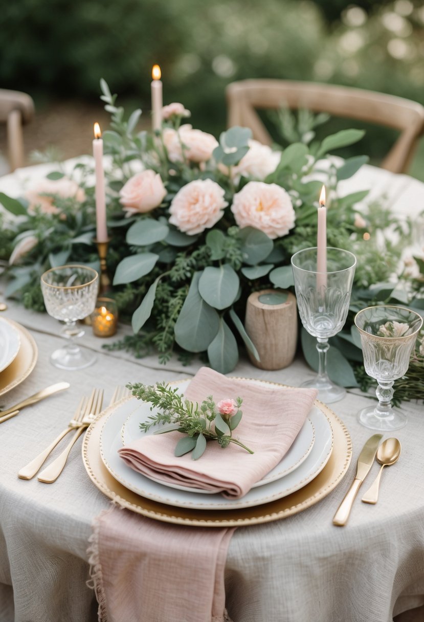 A round wedding table decorated with blush pink flowers, sage green foliage, wooden accents, and elegant table settings outdoors.