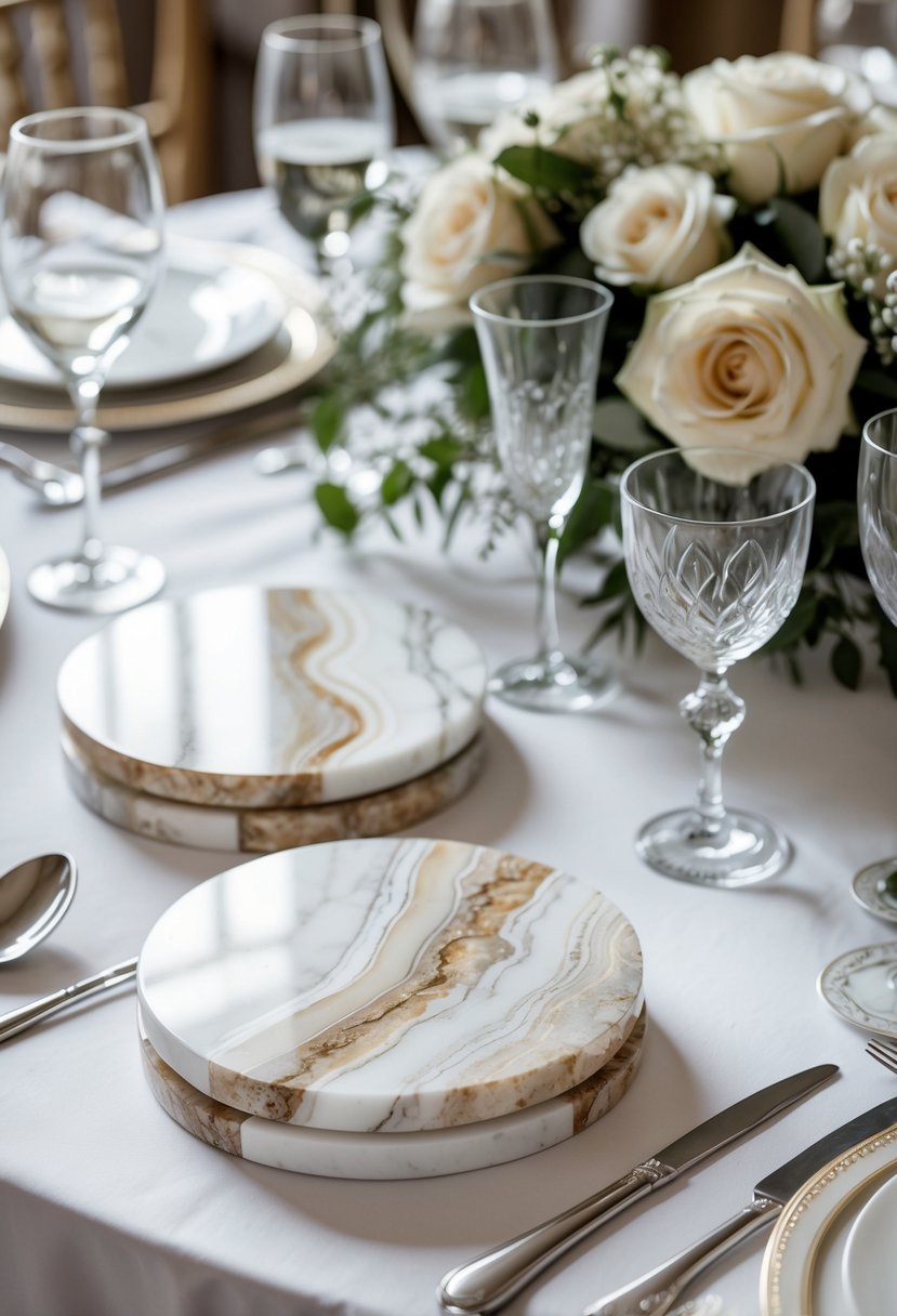 Round marble or onyx slab coasters arranged on a wedding table with glassware and floral centerpieces.