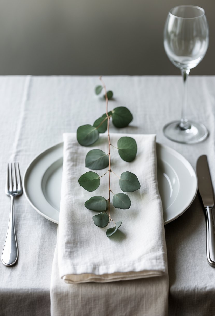 A single eucalyptus sprig placed on a folded napkin on a white plate with silver cutlery on a wedding table.