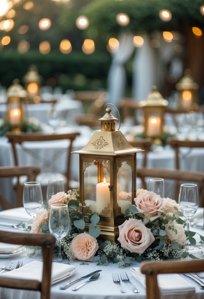 A wedding table decorated with antique brass lanterns and floral arrangements in an outdoor setting.