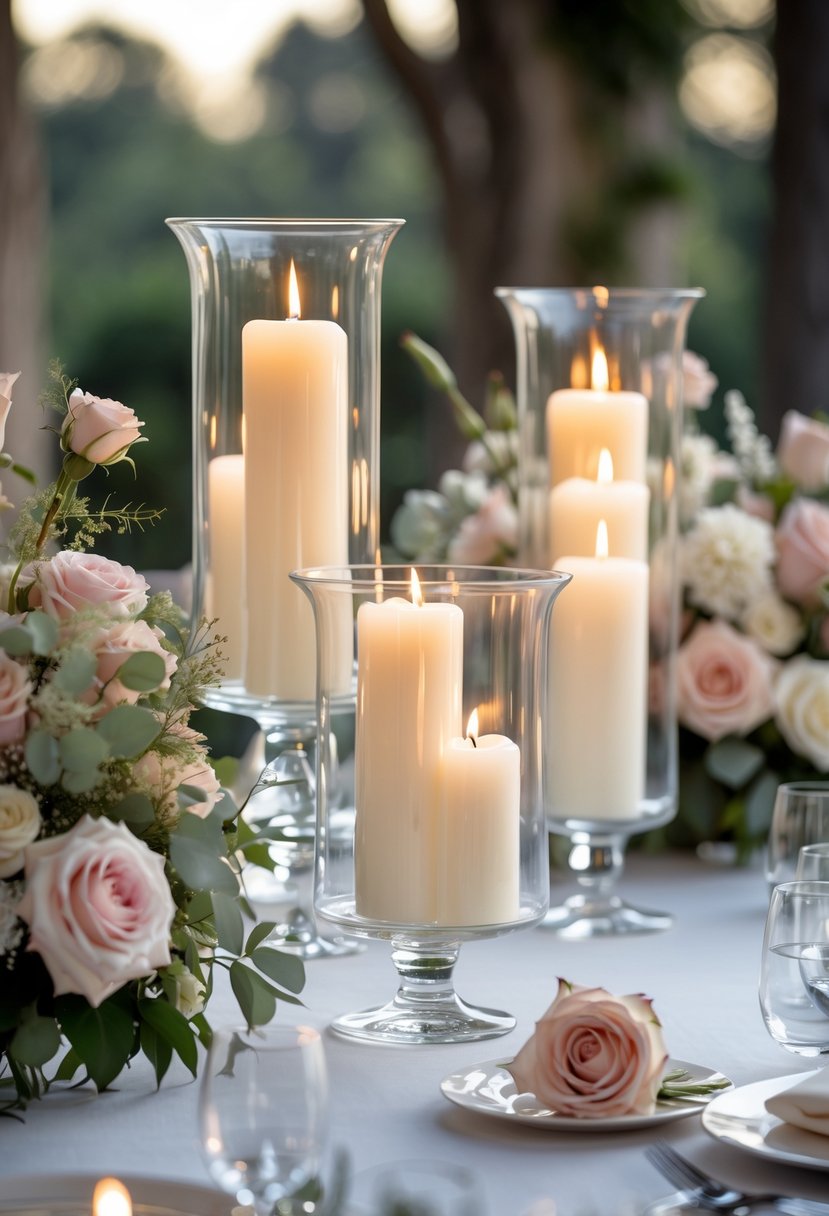 Round wedding table decorated with tall glass hurricane vases holding floating candles and surrounded by flowers.