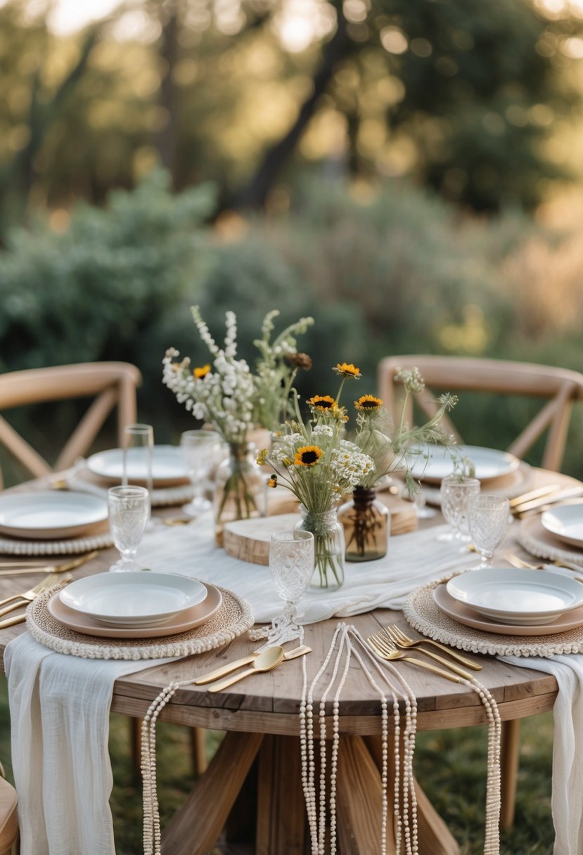 Round wedding table decorated with beaded garland drapes, wildflower centerpieces, and table settings outdoors.
