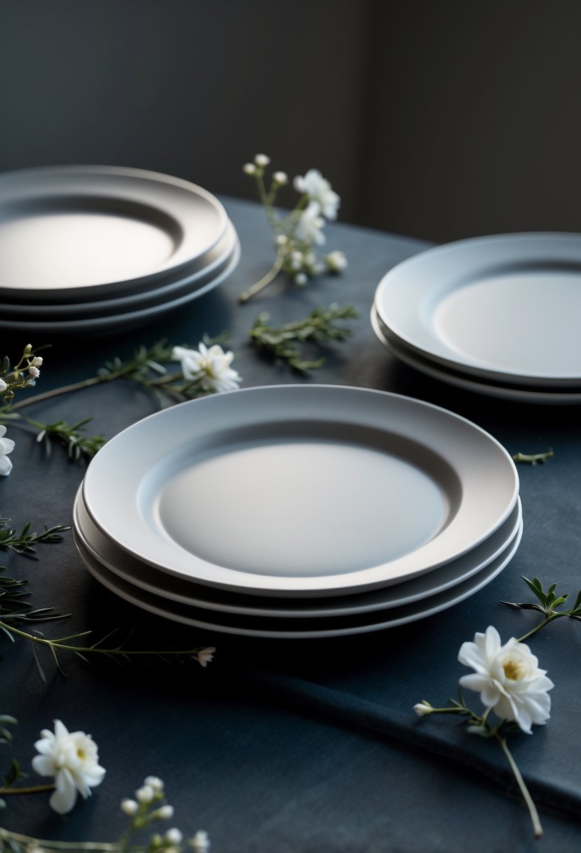 A wedding table set with matte white ceramic plates, small green sprigs, and white flowers on a dark surface.