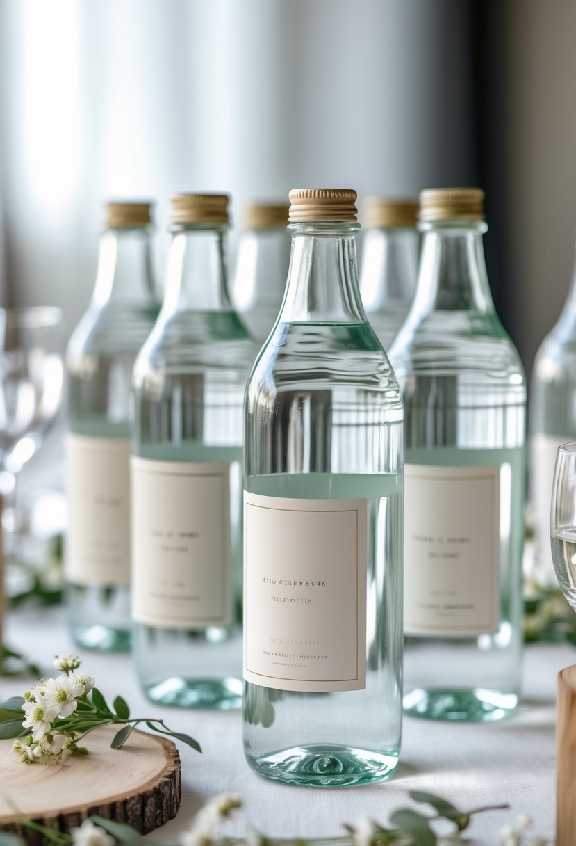Clear glass water bottles with simple labels arranged on a wedding table decorated with greenery and small white flowers.