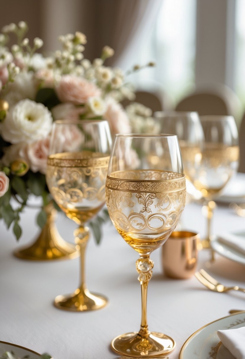 A round wedding table decorated with gilded wine glasses with etched patterns and floral centerpieces.