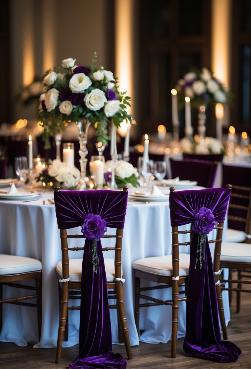 A round wedding table decorated with velvet chair sashes tied around chairs, floral centerpieces, and candles.