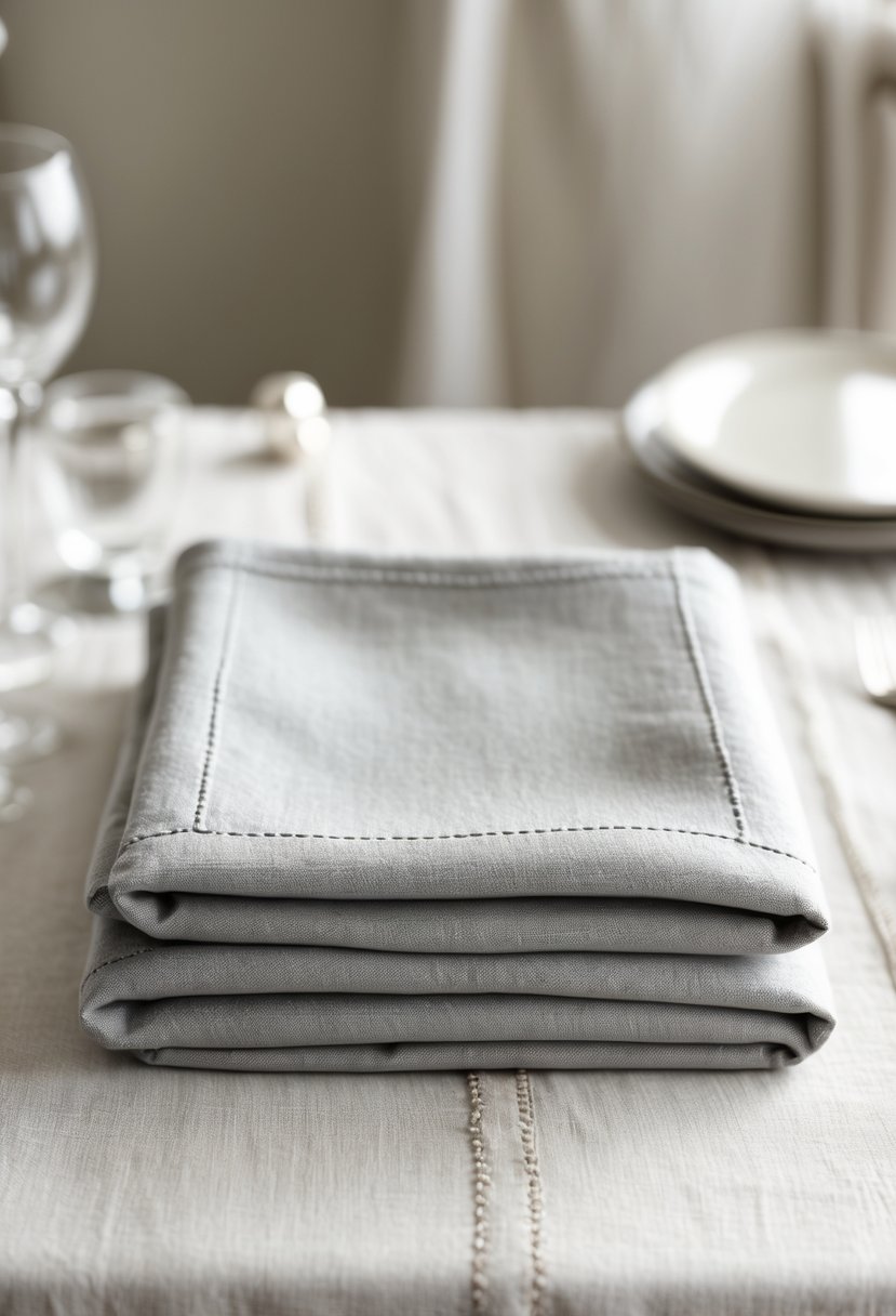 A wedding table setting with soft grey cloth napkins neatly folded on a clean table.