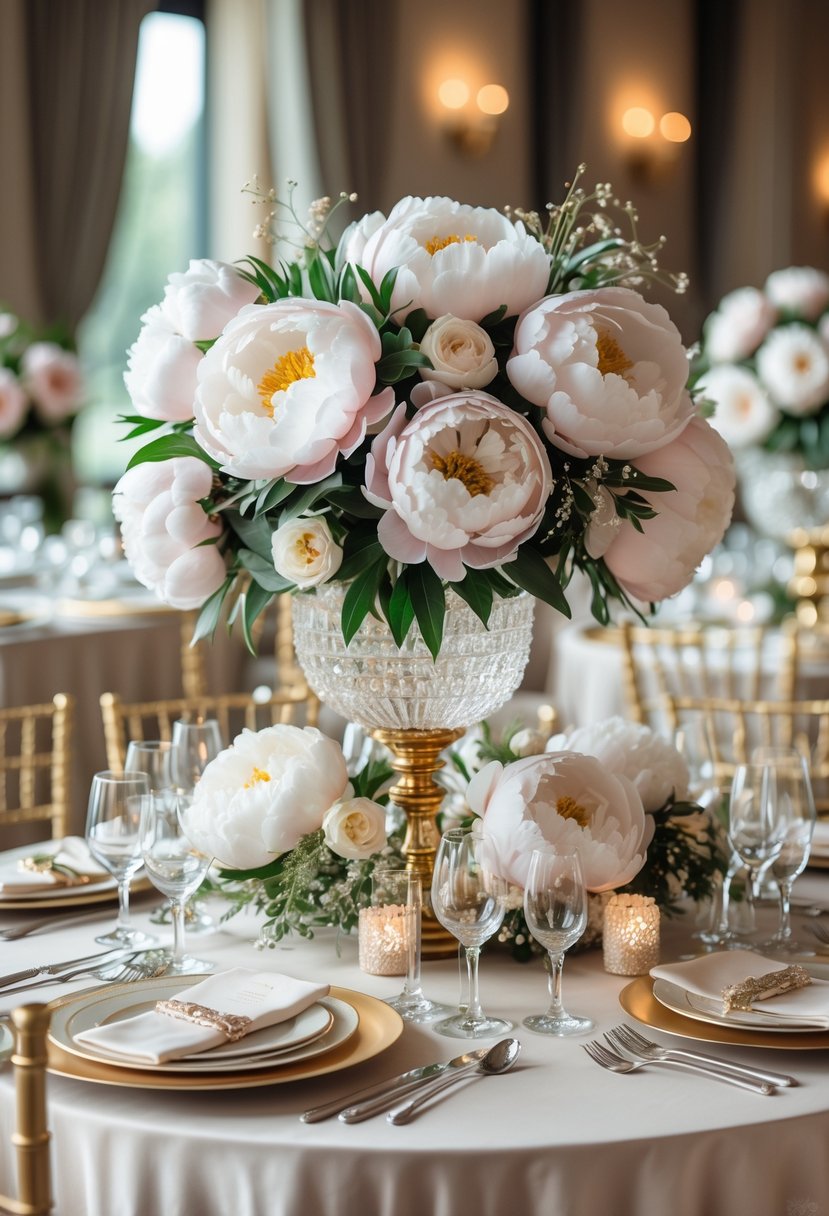Round wedding table with silk peony centerpieces and elegant table settings.