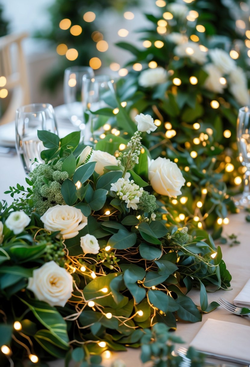 A round wedding table decorated with greenery and tiny fairy lights glowing softly among the leaves.