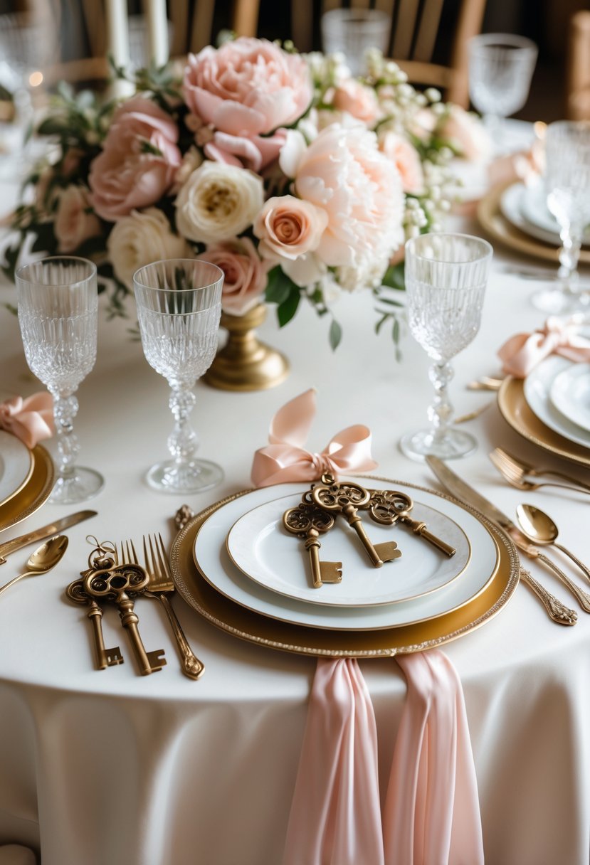A round wedding table decorated with vintage decorative keys as guest favors, surrounded by floral centerpieces and elegant place settings.