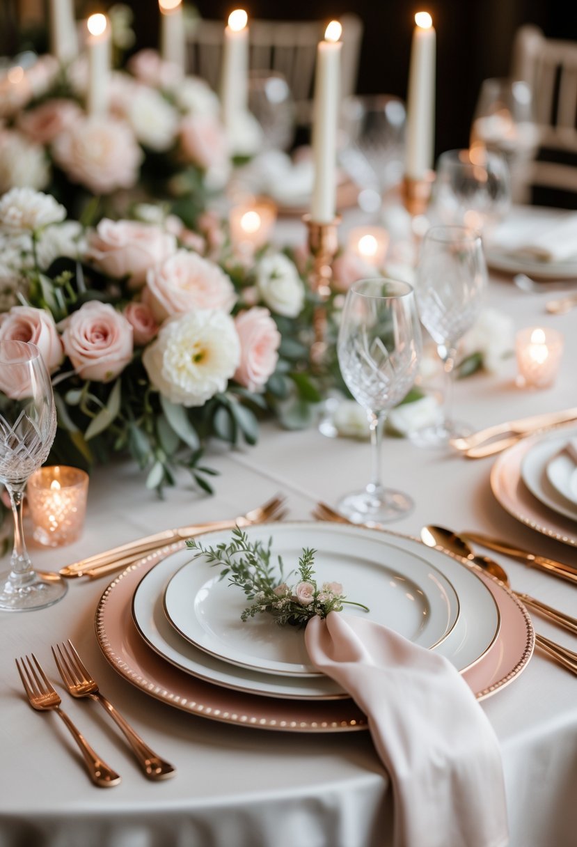 A round wedding table set with rose gold flatware, white plates, pink and white flowers, greenery, candles, and crystal glassware.