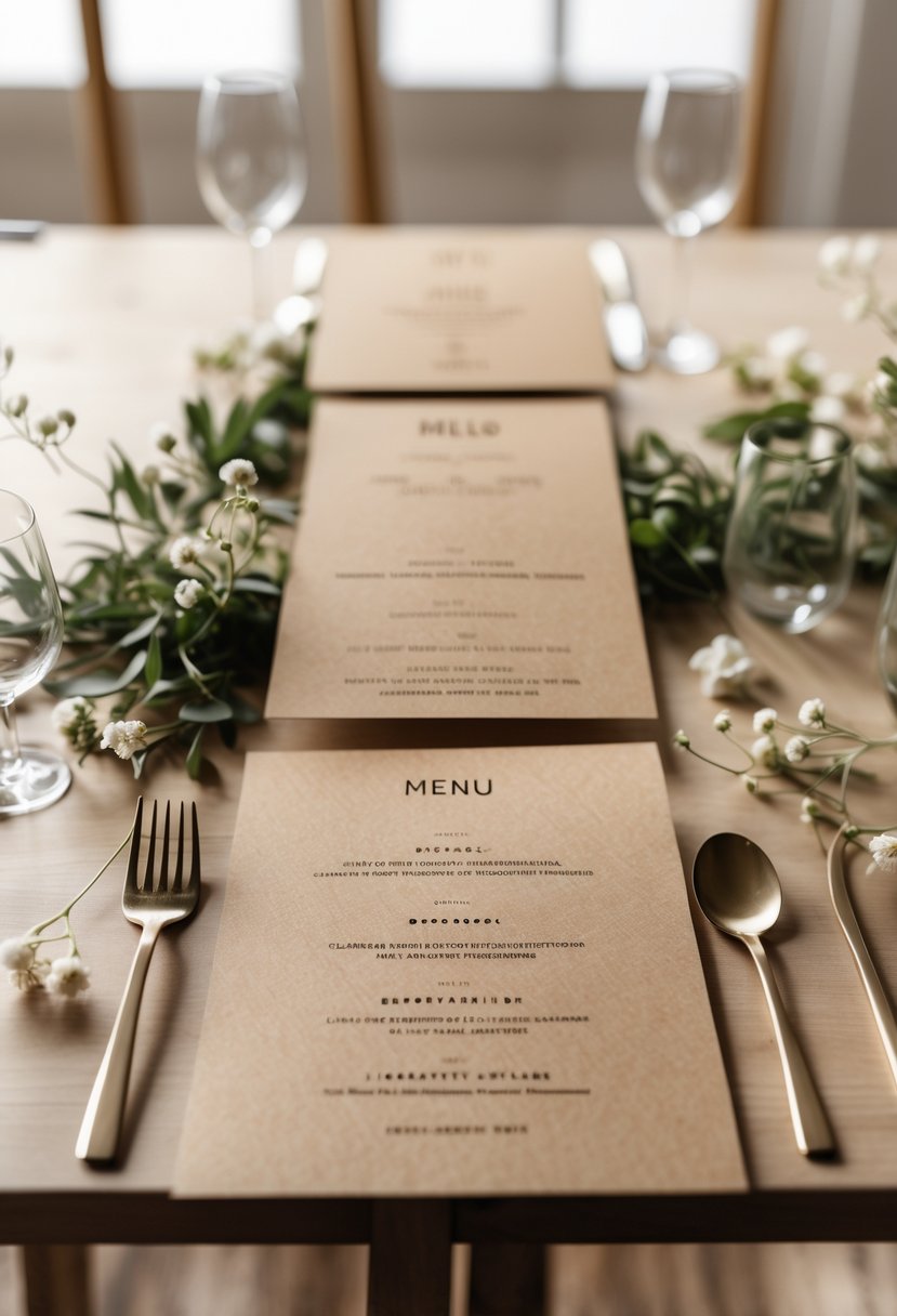 A wedding table setting with kraft paper menus, natural greenery, small white flowers, and simple glassware arranged on a wooden table.