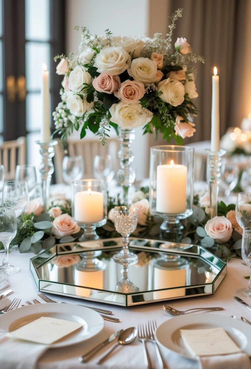 A round wedding table with mirrored octagonal trays used as centerpiece bases, decorated with flowers and candles.