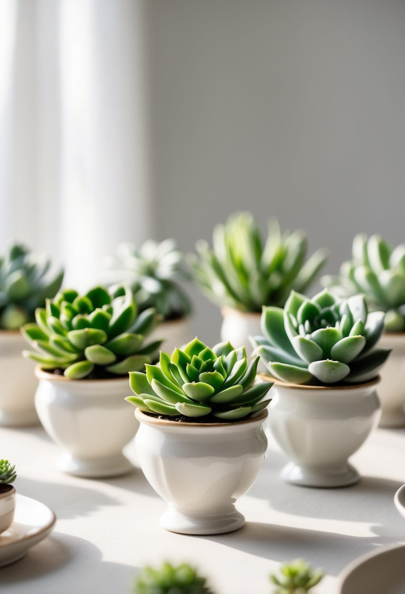 Mini succulent plants in small white pots arranged on a wedding table.