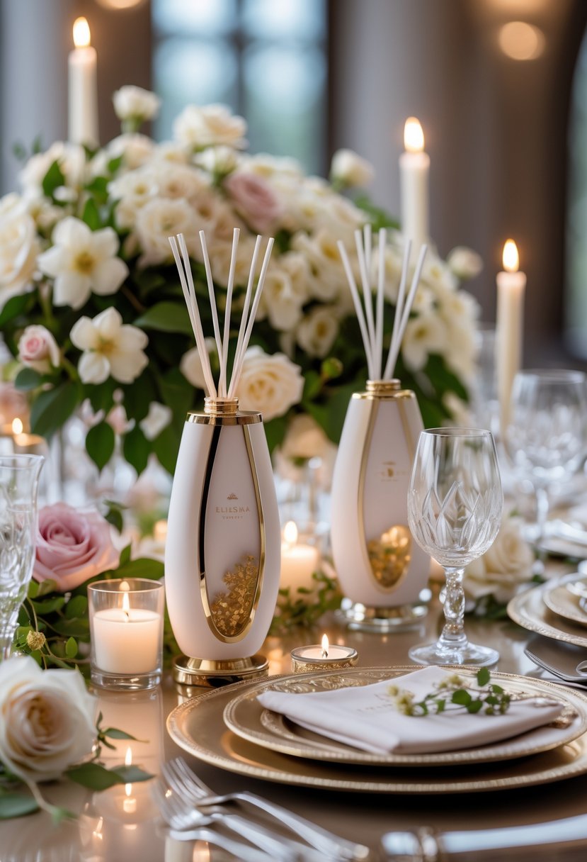 A round wedding table decorated with jasmine and rose flowers, custom scent diffusers, candles, and elegant tableware.