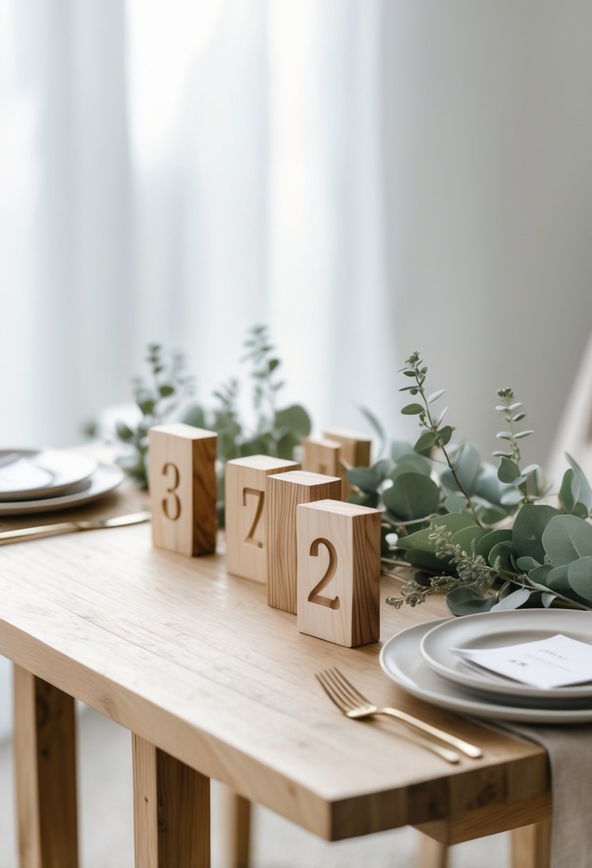 A wooden table with simple wooden number blocks and minimal greenery as wedding table decorations.