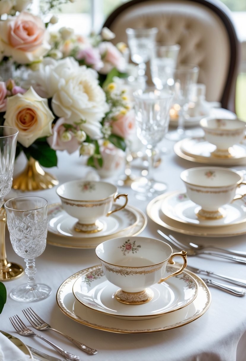 A round wedding table set with fine bone china tea cups, floral decorations, glassware, and silver cutlery.