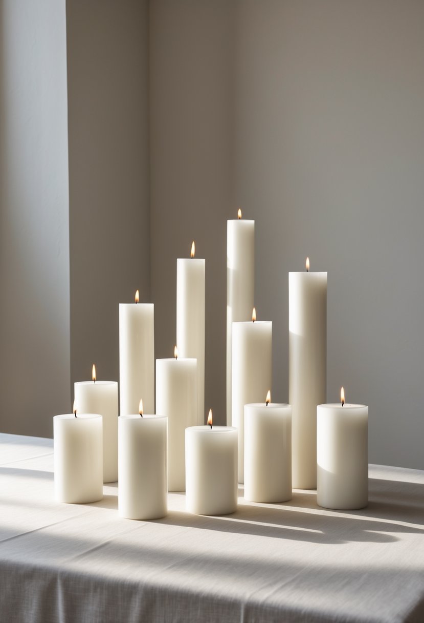 A group of flat white pillar candles of different heights arranged on a table with a soft, neutral background.