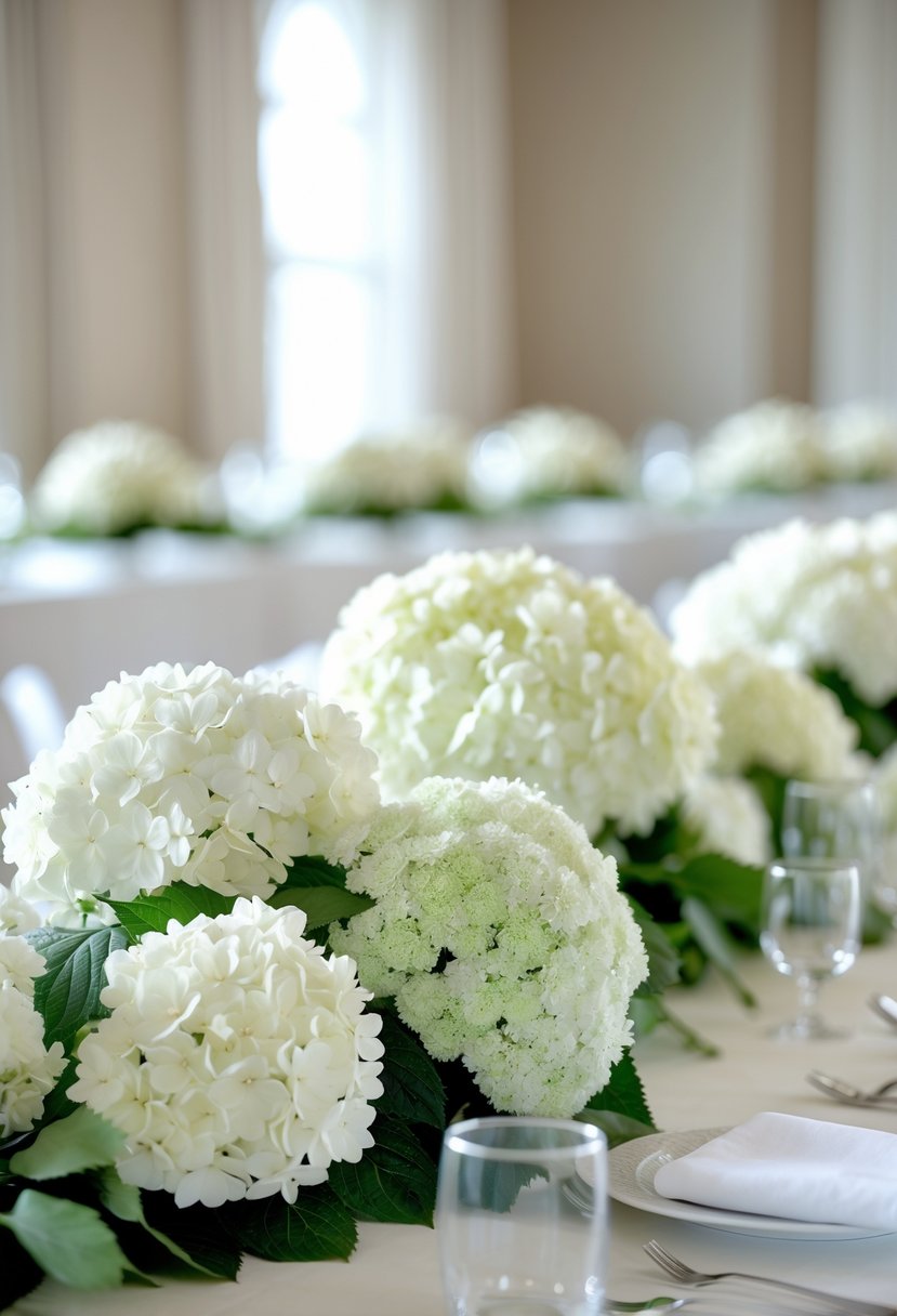 A wedding table with low arrangements of white hydrangeas as centerpieces in a simple and elegant setting.