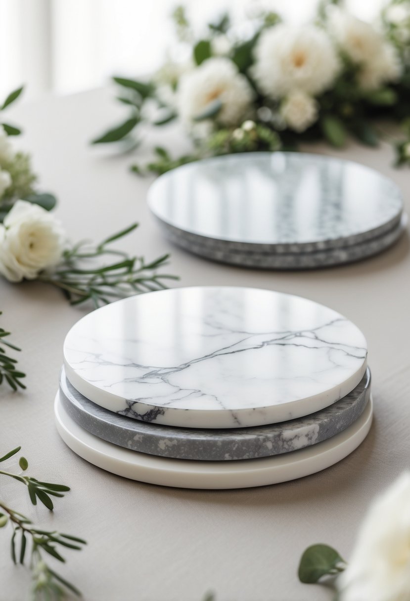 Close-up of white and grey marbled coasters arranged on a wedding table with simple greenery and white flowers.