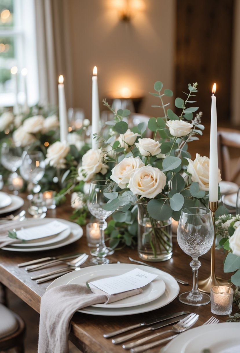 A wedding table decorated with white flowers, greenery, candles, and elegant tableware in a softly lit room.