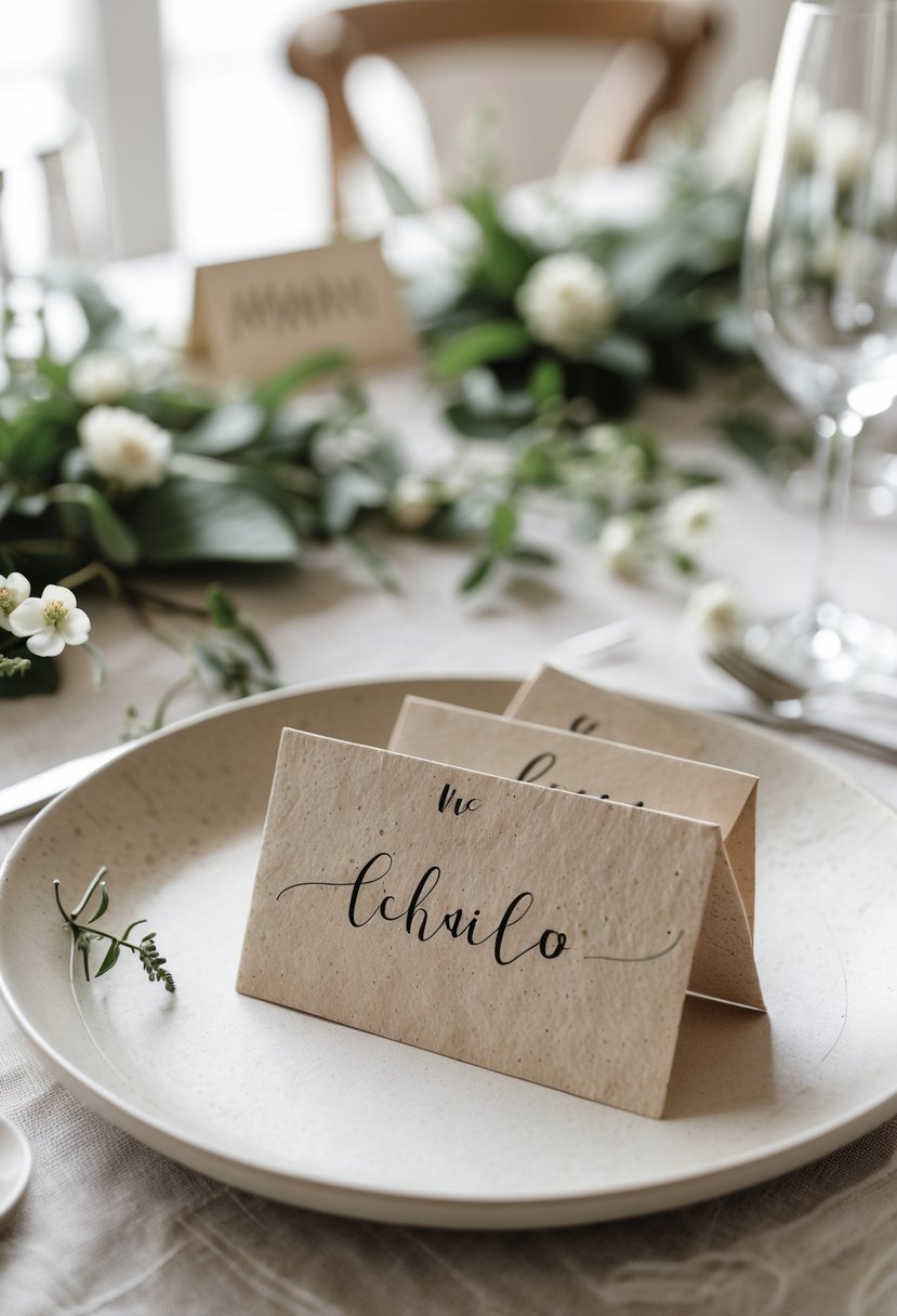 Close-up of recycled paper place cards with handwritten names on a wedding table decorated with greenery and white flowers.