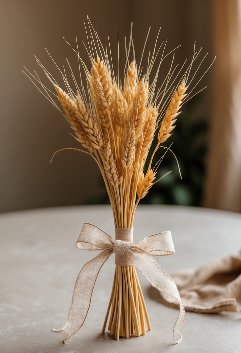 A small bundle of dried wheat tied with a thin linen ribbon resting on a neutral surface.
