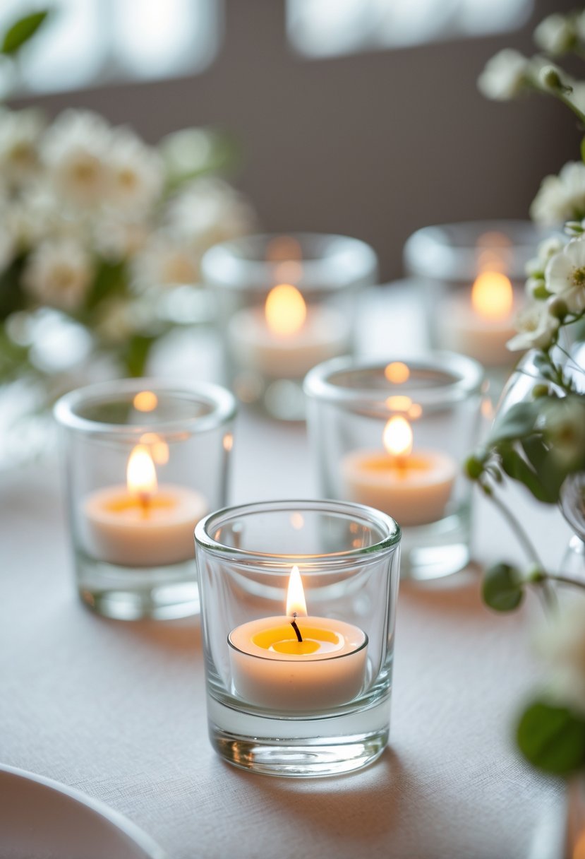 Small clear glass tealight holders with lit candles arranged on a wedding table surrounded by soft greenery.