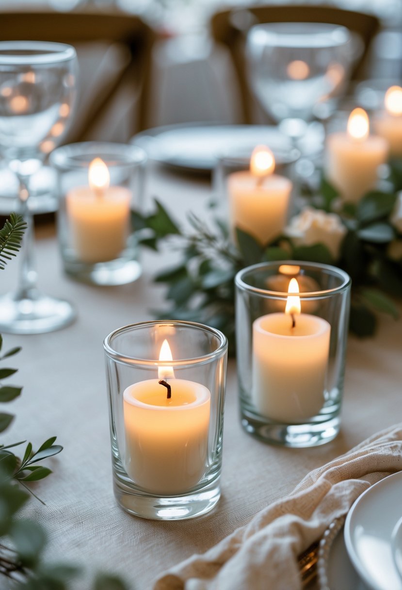 Close-up of lit glass votive candles on a wedding table with soft greenery and fabric decorations.